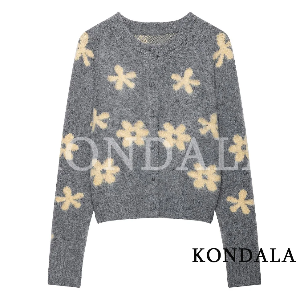 KONDALA Women Fall Elegant Flower Jacquard Cardigan Cute Chic Buttons Knitted Jacket 2026 Autumn Trendy Sweet Casual Cardigan