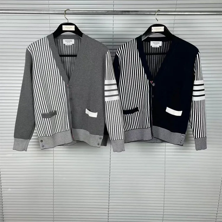 TB Tom Autumn/Winter New V-Neck Striped Cardigan Men's Women's Casual Fashionable Comfortable Versatile Knitwear Sweater