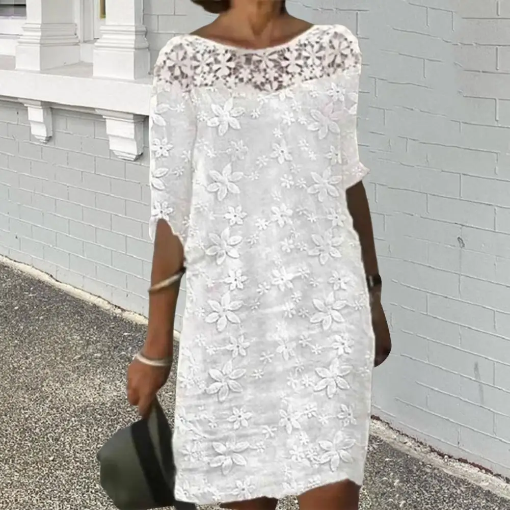 Women Sexy Dress White Hollow Lace Dress Short Sleeve Loose Midi Dresses 2023 Summer Casual Women\'s Casual Dress Vestidos Robe