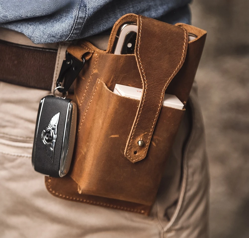 Men's Genuine Crazy Horse Leather Waist Bag Belt Loop Phone Holster Multi Pocket EDC Utility Pouch Vintage Casual