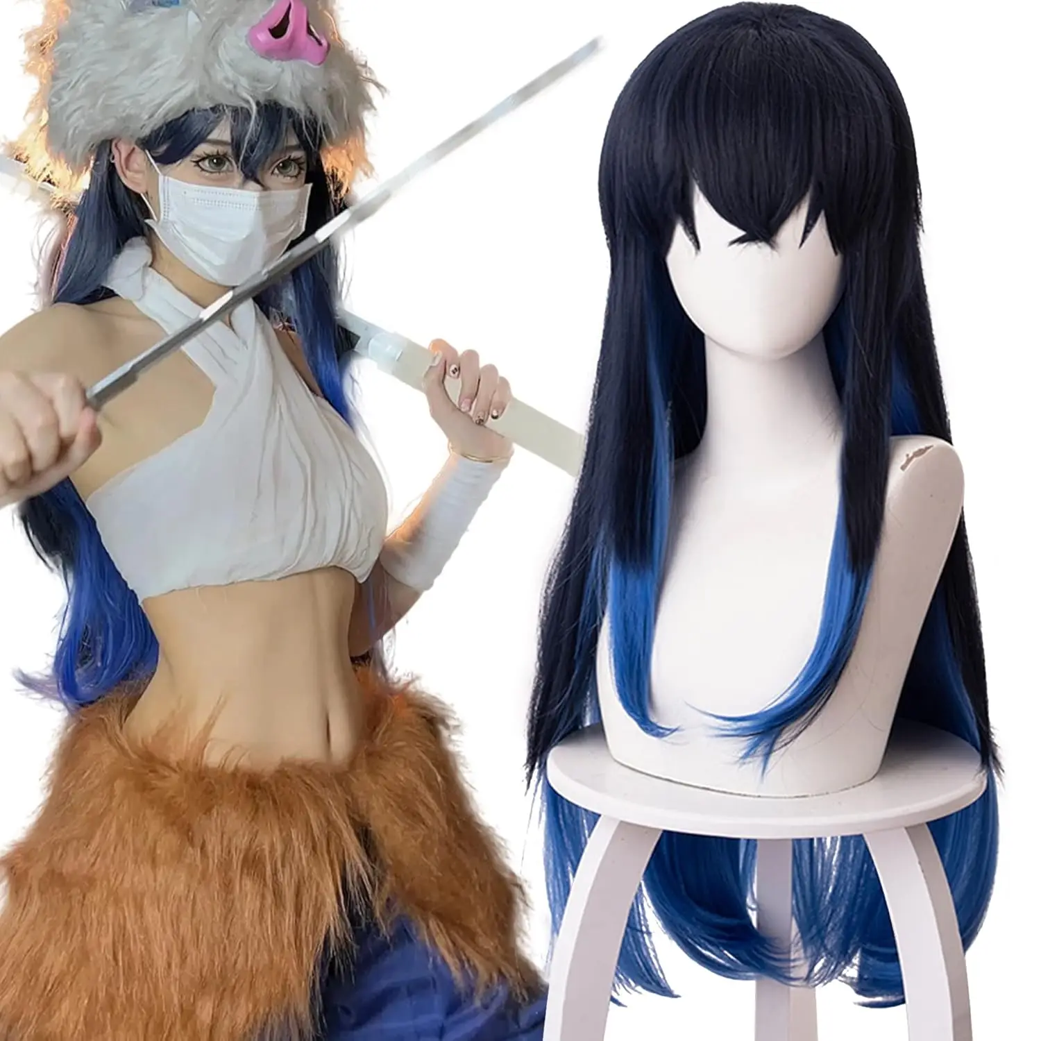 Anime Cosplay Hashibira Inosuke Costume Wig Female Wig Long Black Blue Straight Hair for Women Halloween