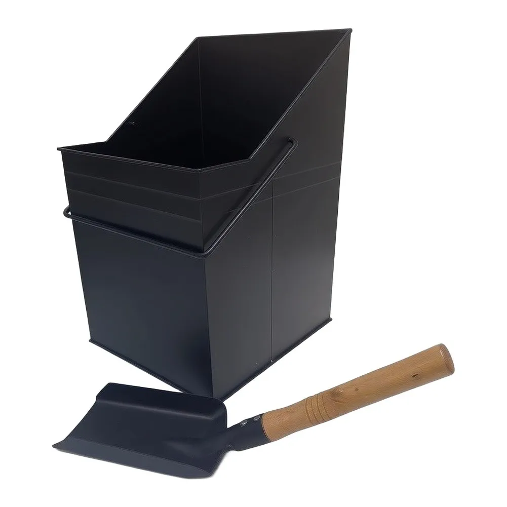 Functional Fireplace Tool Set Featuring Large Capacity Ash Bucket and Precision Slant Square Shovel in Matte Black Iron