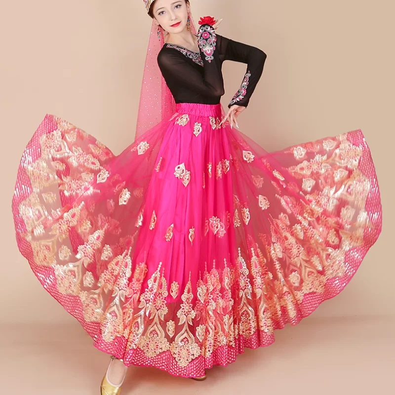 

Chinese Xinjiang Dance Mesh Embroidered Large Swing Skirt Uyghur Dance Half Body Skirt