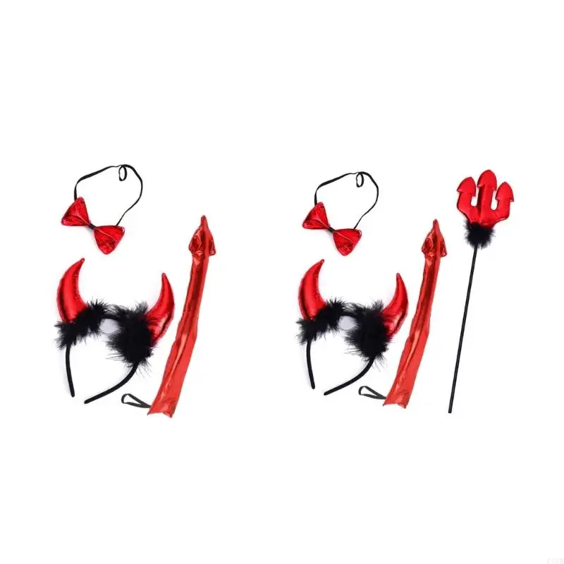 

P8DB Cosplay Devil Horn Hair Hoop&Tail&Bowtie Woman Teens Makeup Headband for Live Broadcast Cartoon Carnivals Hair Accessory