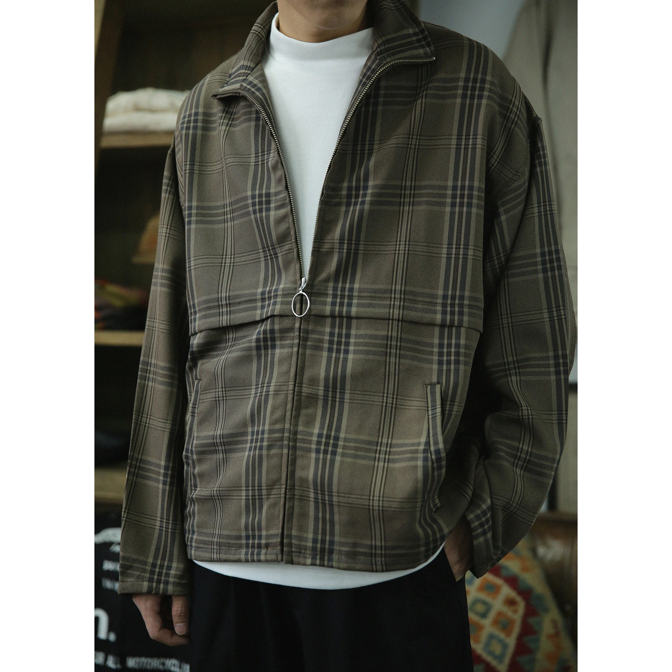 

Japanese Sle Lazy Jaet Loose Fit Plaid Straight Pull Stand Collar Zipper Long Sve ort Length Faion Urban Autumn Me...