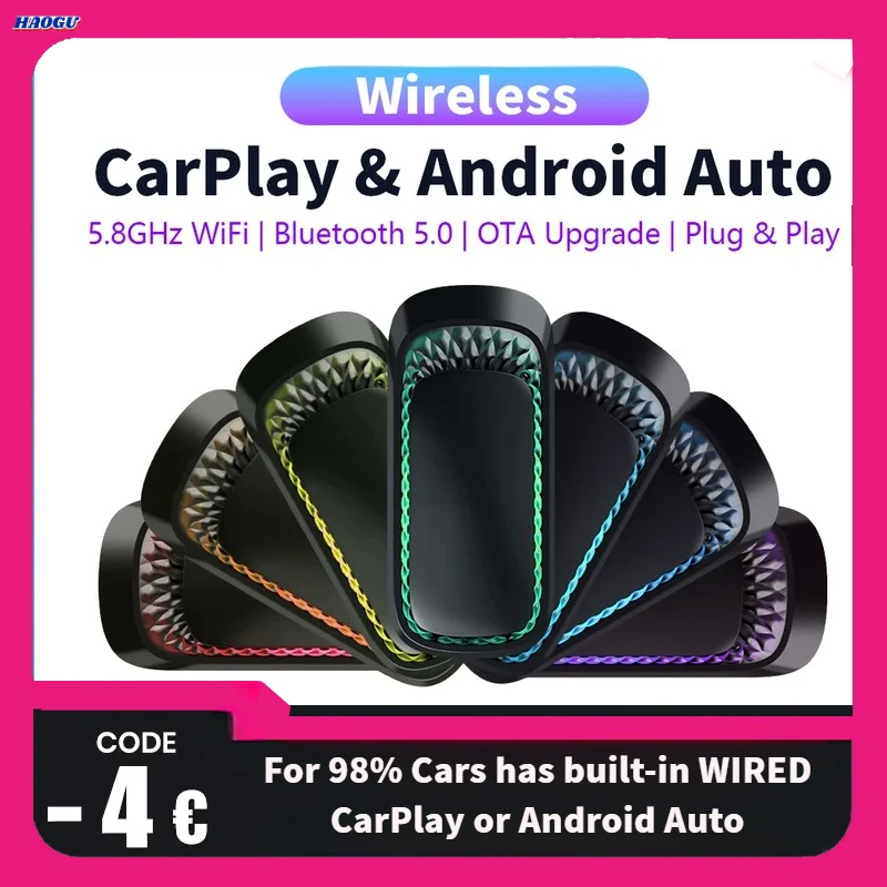 Haogu 2in1 RGB Wireless CarPlay adapter smart box USB wireless Android A2A Bluetooth WiFi car with wired Apple CarPlay A2A