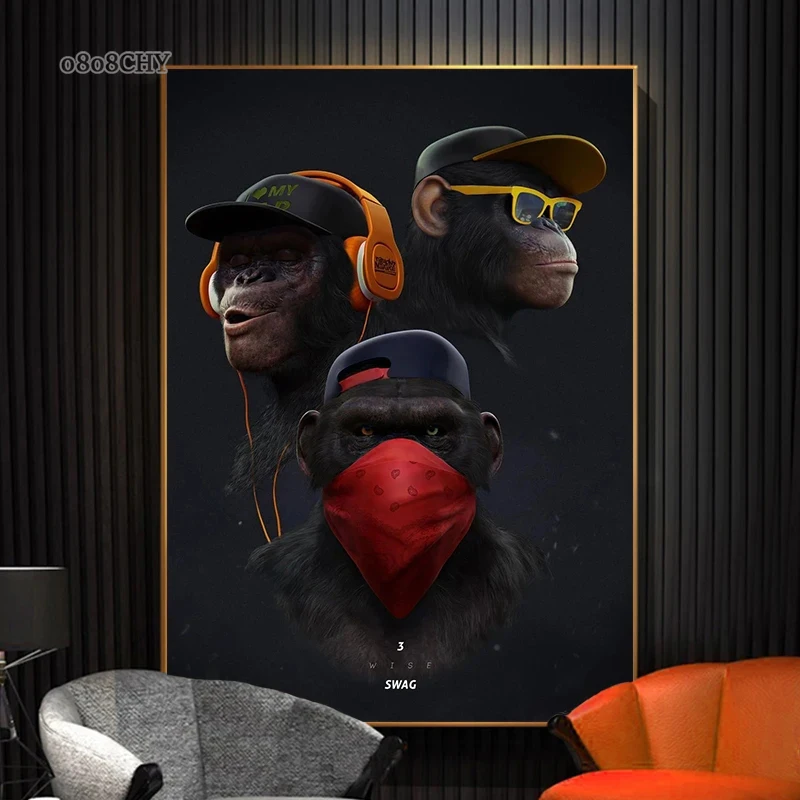 Three Cool Hip Hop Orangutans Canvas Painting Three Wise Swag Posters Listening To Music Monkeys Pictures for Home Decoration