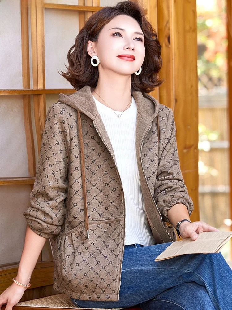 

Casual Hooded Jaet Women's plus Size Spring Autumn Outerwear Comfortable Loose Fit Zipper Closure Korean Sle Mom Clothes