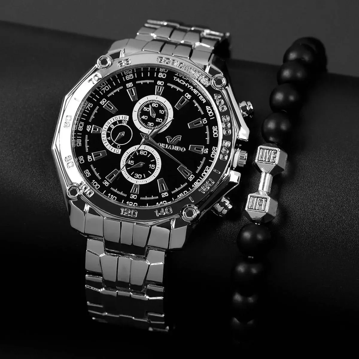 Fashion watch steel strap set men's dial quartz watch trend retro three eye casual watch