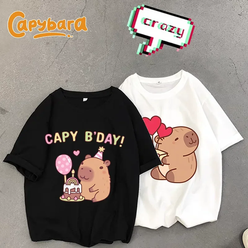 Capybara Love Heart Women T-Shirt Men Summer Harajuku Clothing Casual Soft Shirts Cute Graphic Tops Fashion Birthday Gifts Tees