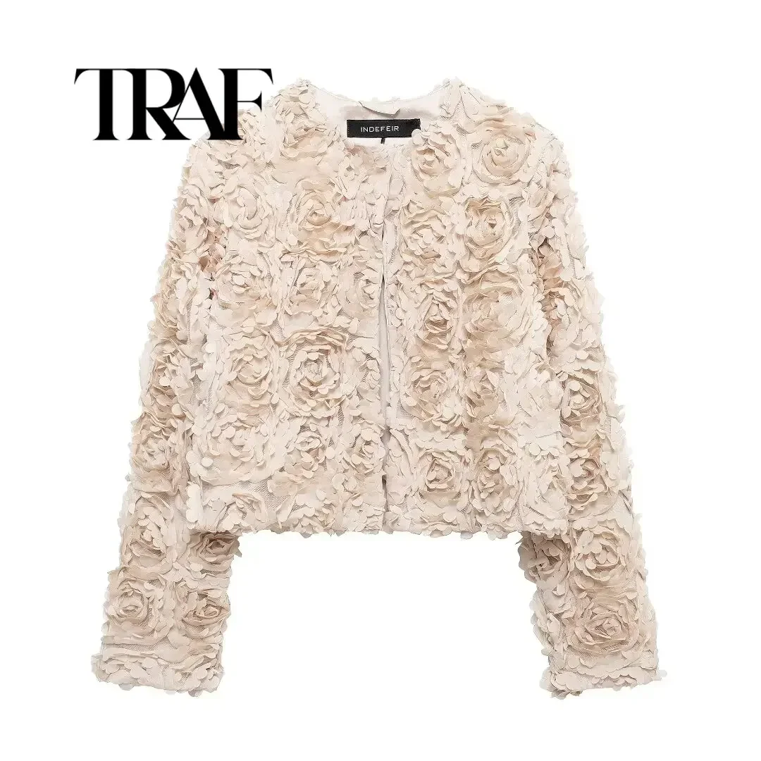 TRAF 2024 Autumn New Women's Fashion Standing Neck Long Sleeve 3D Flower Decorative Jacket Short Coat 6318/230