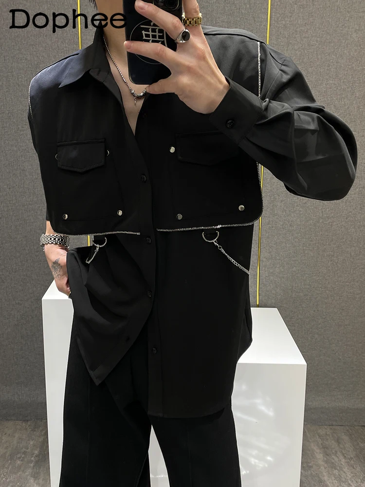 

Men's 2025 Spring Summer New Fashion Versatile Tops Loose Solid Color Ice Silk Shirt Shawl Splicing Long-sleeve Chain Shirts
