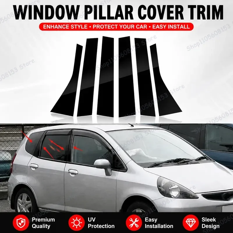 For Honda Fit Jazz 5 Door Hatchback 2004 2005 2006 2007 Gloss Black Pillar Post Trim Door Sticker Window Cover Kit 6 Pieces