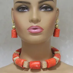 Dudo Choker Nigeria Wedding Jewelry Sets For Women 18-23MM Big Coral African Bridal Bead with Gold Plated Divider 3 Pieces