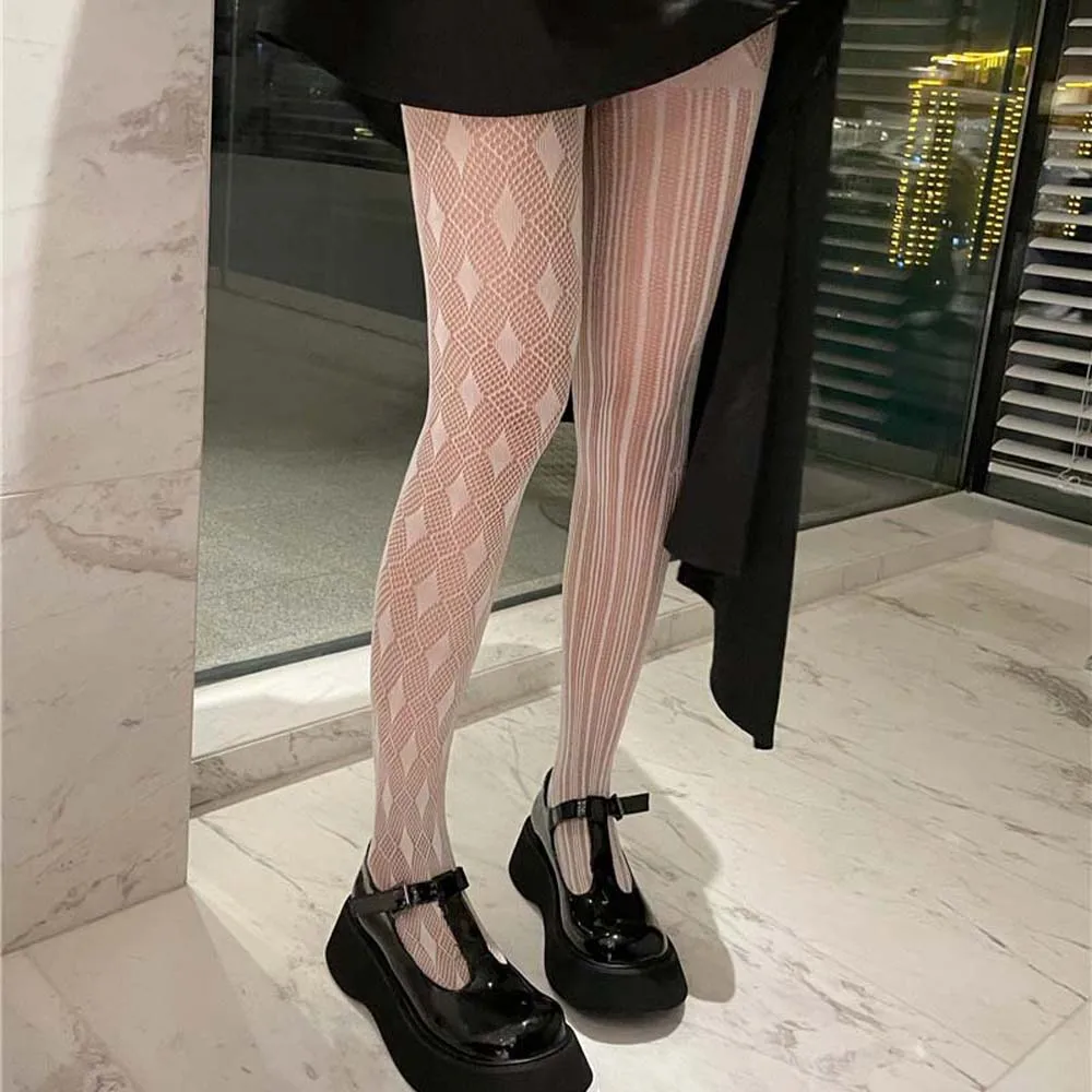 

Sweet Cool Plaid Mesh Lolita Women Asymmetry Tights Pantyhose Lace Stockings Dress Calcetines