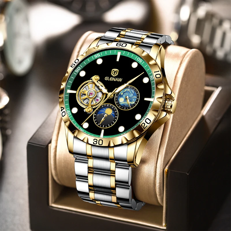 2024 GLENAW Original Design High end Brand Men\'s Automatic Mechanical Watch Casual Fashion Stainless Steel Strap Waterproof+Box