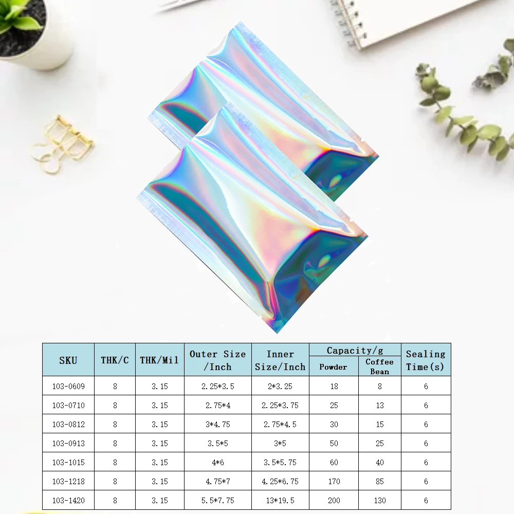 100Pcs Waterproof Vacuum Sealer Mylar Pouch Heat Sealable Open Top Product Packaging Aluminum Foil Holographic Bags
