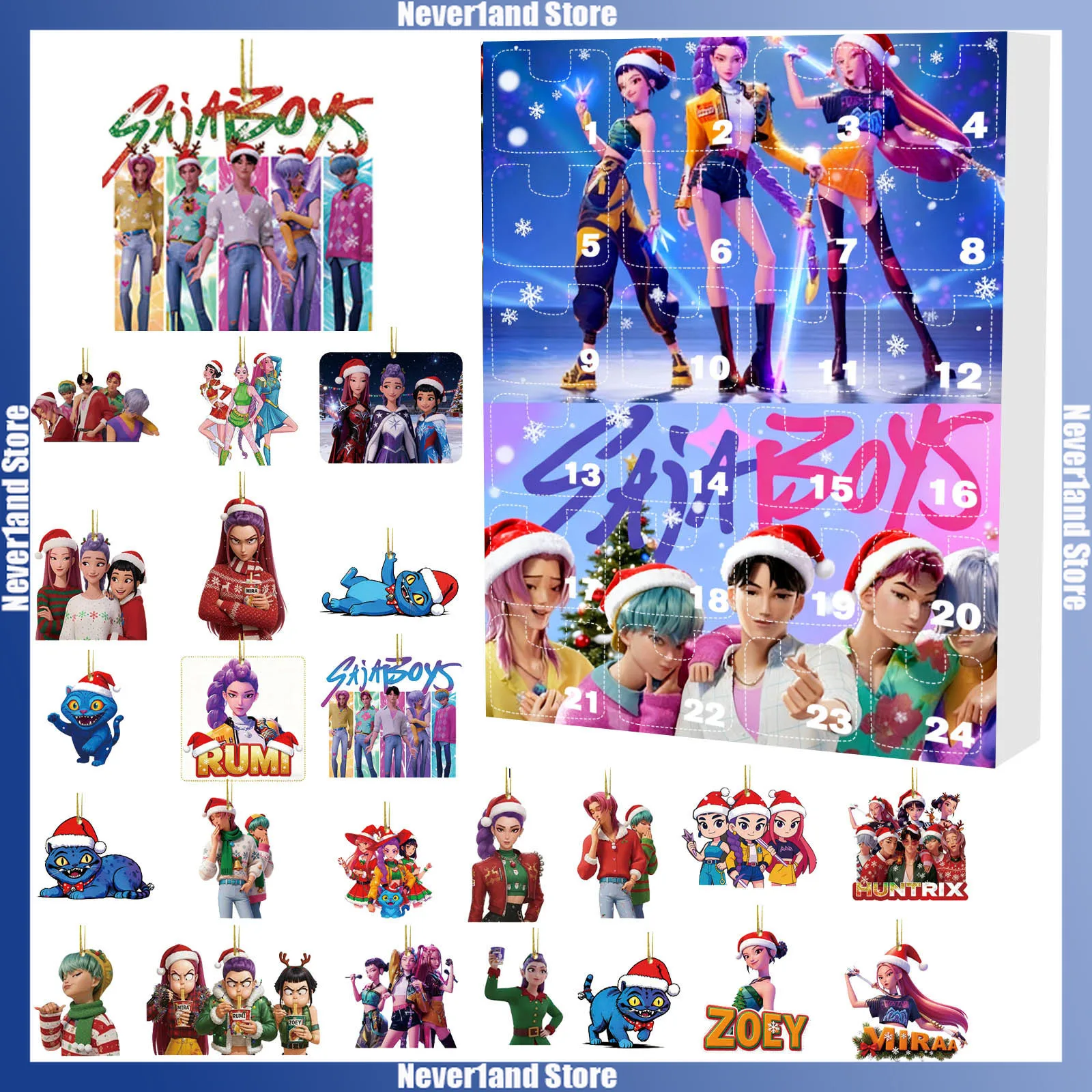 24 pçs kpop caçadores de demônios natal calendário do advento caixa cega rumi mira zoey mini acrílico pingente contagem regressiva caixa de brinquedo menino menina presente