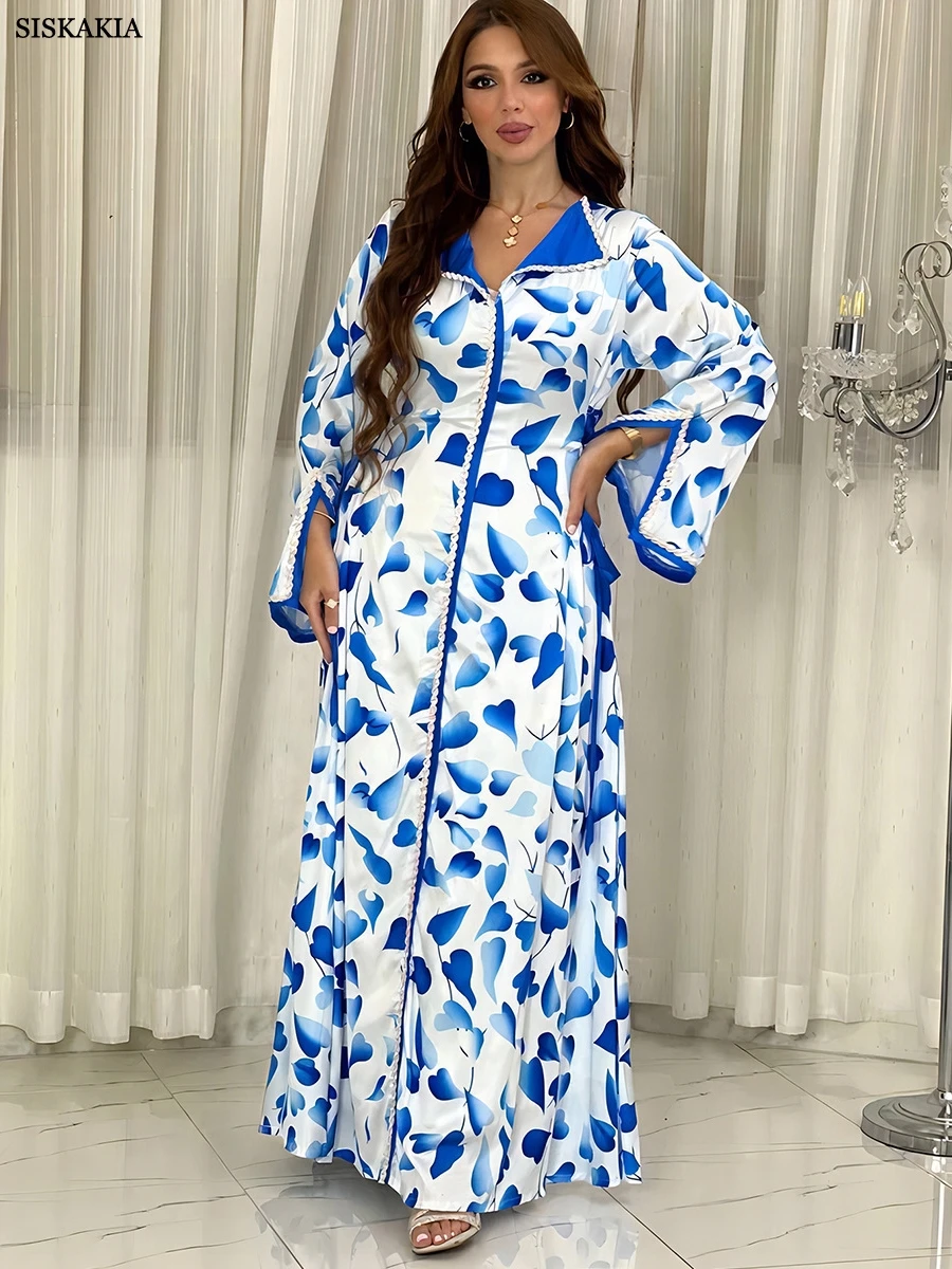 

Siskakia Eid Al-Adha print dress Dubai Luxury V-Neck with Tape Trim Sequins Split Long Sleeve Elegant Casual Loose Muslim Women