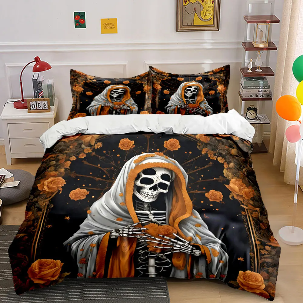 Skeleton with white robe and orange roses Pattern Duvet Cover Set Digital Print Colorful Polyester Bedding with Zipper Closur
