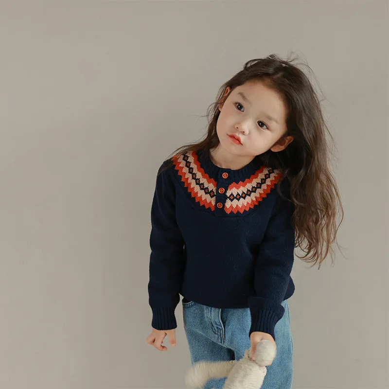 Girls Rhombus Button Pullover Sweater 2024 Spring and Autumn New Baby Girl Top Casual Fashion Simple Solid Sweater