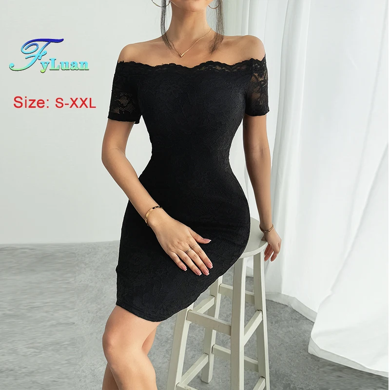 فستان نسائي صيفي جديد نحيف برقبة قارب قبالة الكتف دانتيل كم قصير حزمة سيدة الوركين فستان موضة فستان حفلات الكوكتيل