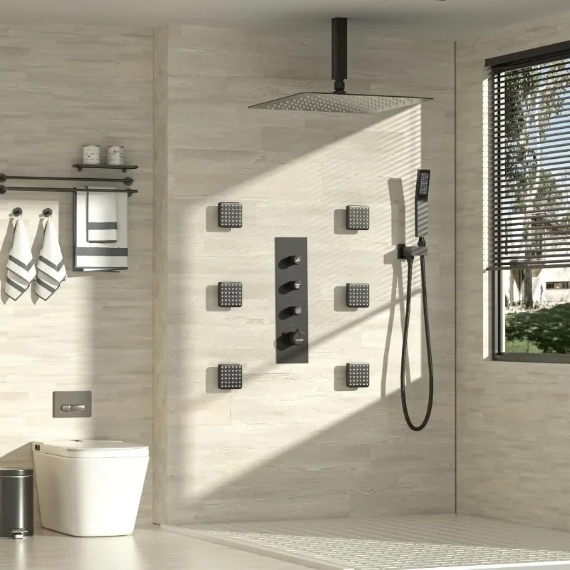 Full Body Spray Shower System, Thermostatic Rainfall Shower System with 6 Body Spray Jets Shower Faucets with Body Jets