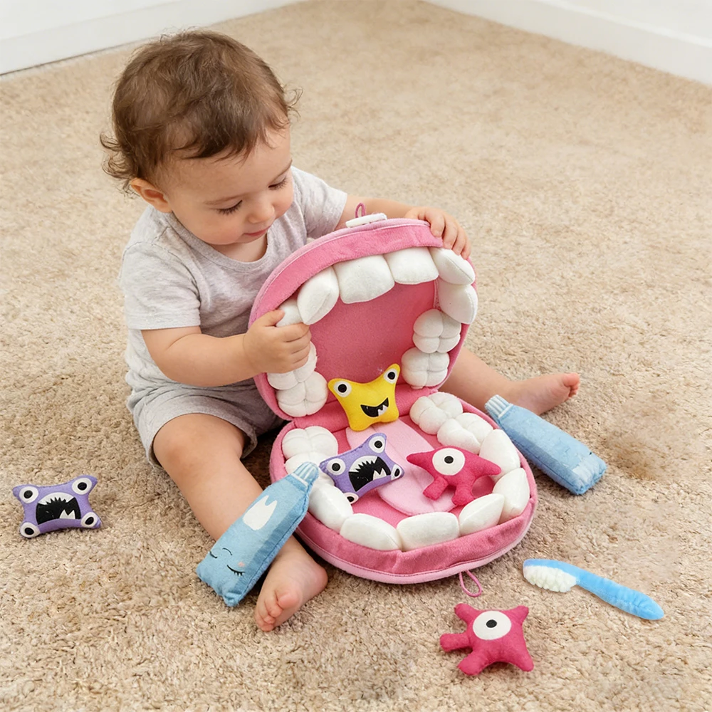 Cartoon Tooth Brushing Plush Toy Learning To Brush Teeth Children Toy Plush Teeth Bacteria Set Dental Health Cognitive Game Gifs