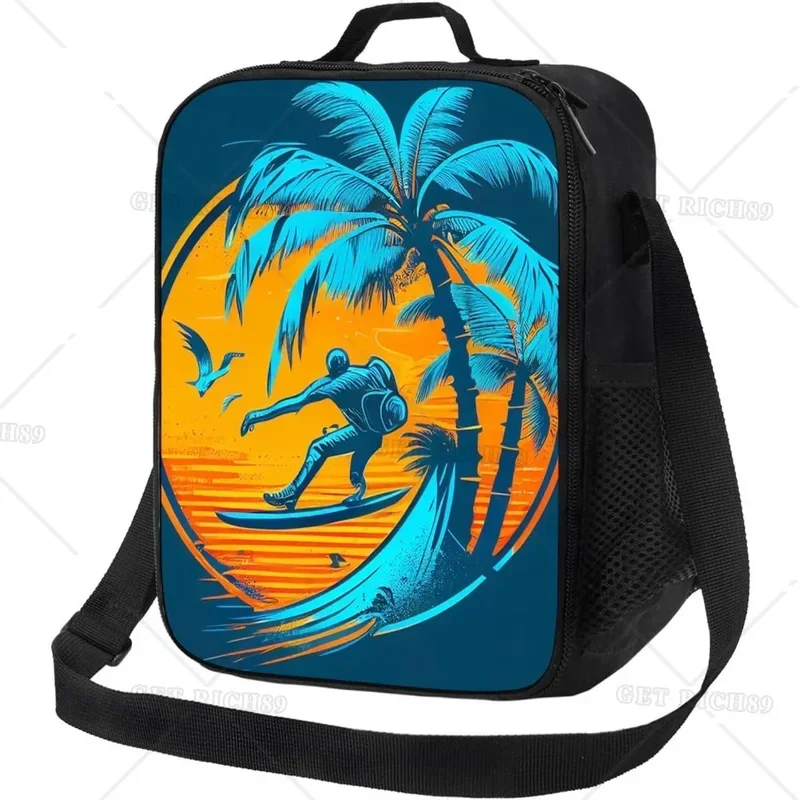 

Palm Tree and Surf Surfer Portable Lunch Bag Insulated Lunch Box Reusable Totes for Women Men Kids School Work Picnic Camping