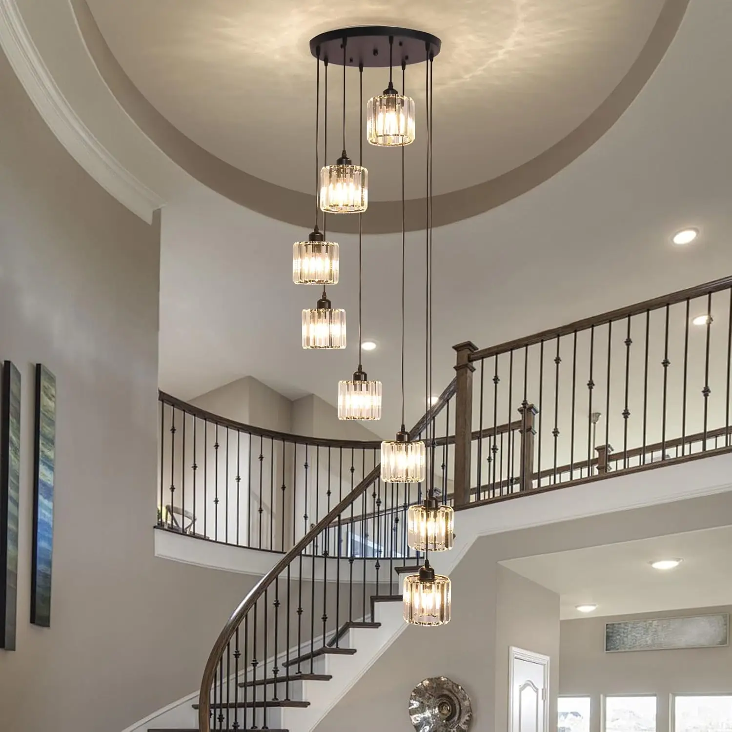 8-Light Crystal Raindrop Chandelier, Black, for High Ceilings | Modern hanging chandelier for staircase, foyer, entryway, dining room or living room