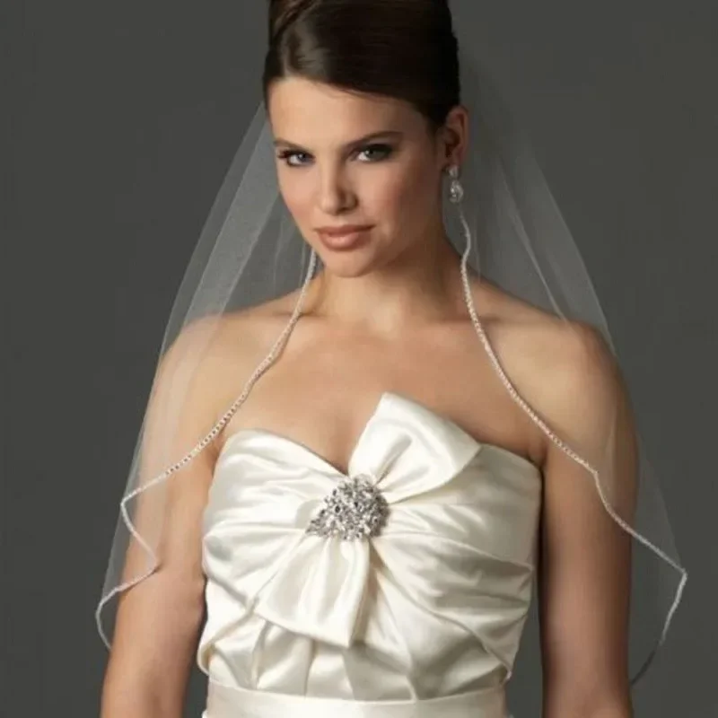 

One Layer Bridal Veils with Comb Velos De Novia Birdcage White Ivory Tulle Beaded Edge Pearl Short Wedding Veil