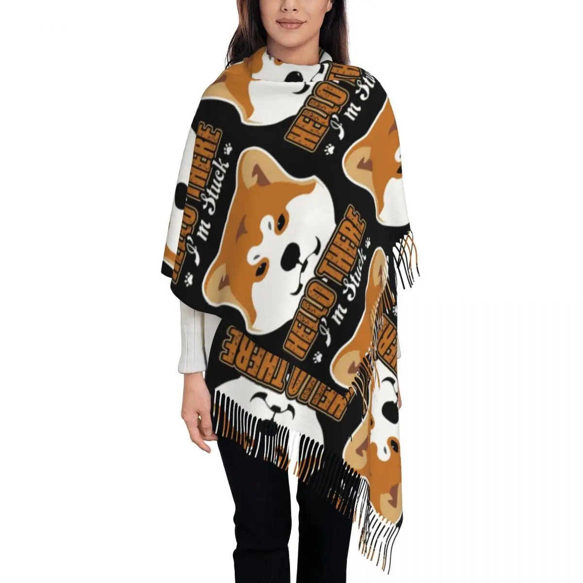 Shiba Inu Hello There I'm Stuck Scarf Tassel Scarves for Women Soft Warm Shawls and Wraps Long Fall Winter Shawl Wrap