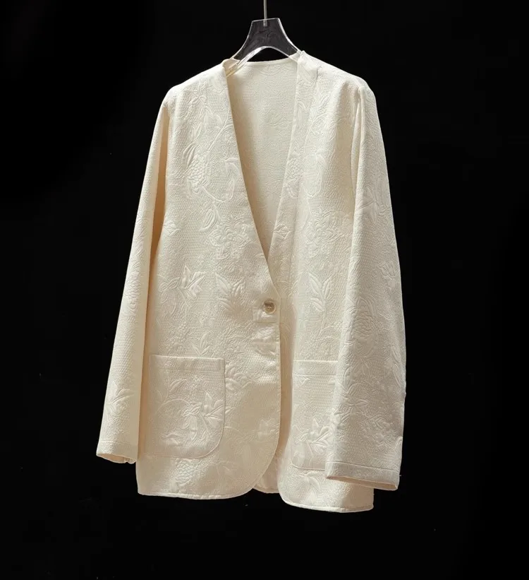 

BirdTree 62% Mulberry Silk 32% Cotton High Quality Blazer, Women Guanle Crepe Lady V-neck Coat, 2025 Spring Summer New C56610JF