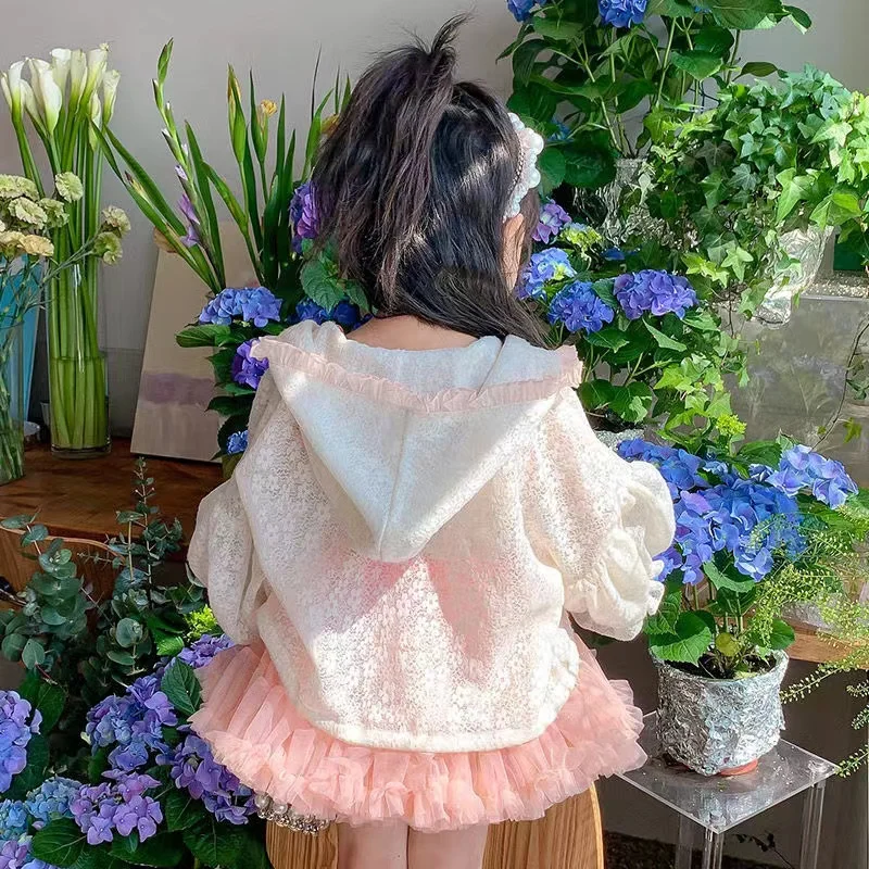 Summer Fashion Lightweight Floral Lovely Baby Girls Drawstring Coats Hooded Full Zip Kids Sun Suit Top Jackets For 1-10 Years