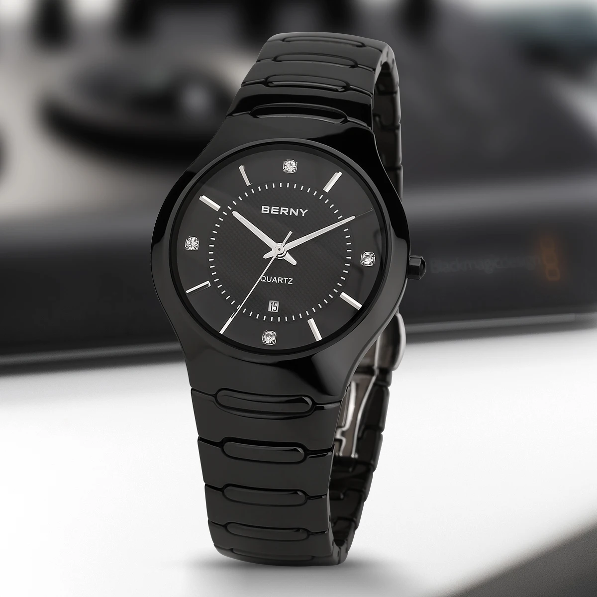 BERNY Ceramic Quartz Watch for Men /Women Luxury Dress Black Ceramic Wristwatch Sapphire Crystal Calendar Luxury Couple Watches