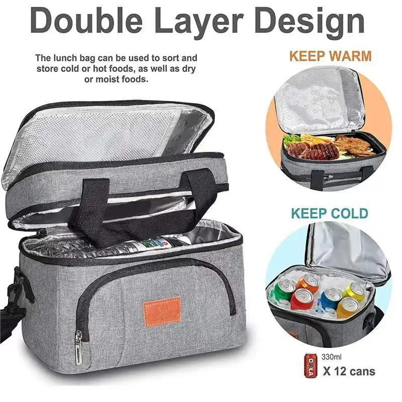 Double Layer Insulated Lunch Bag for Women Men Large Capacity Thermal Picnic Box with Shoulder Strap Zipper Meal Cooler Pouch