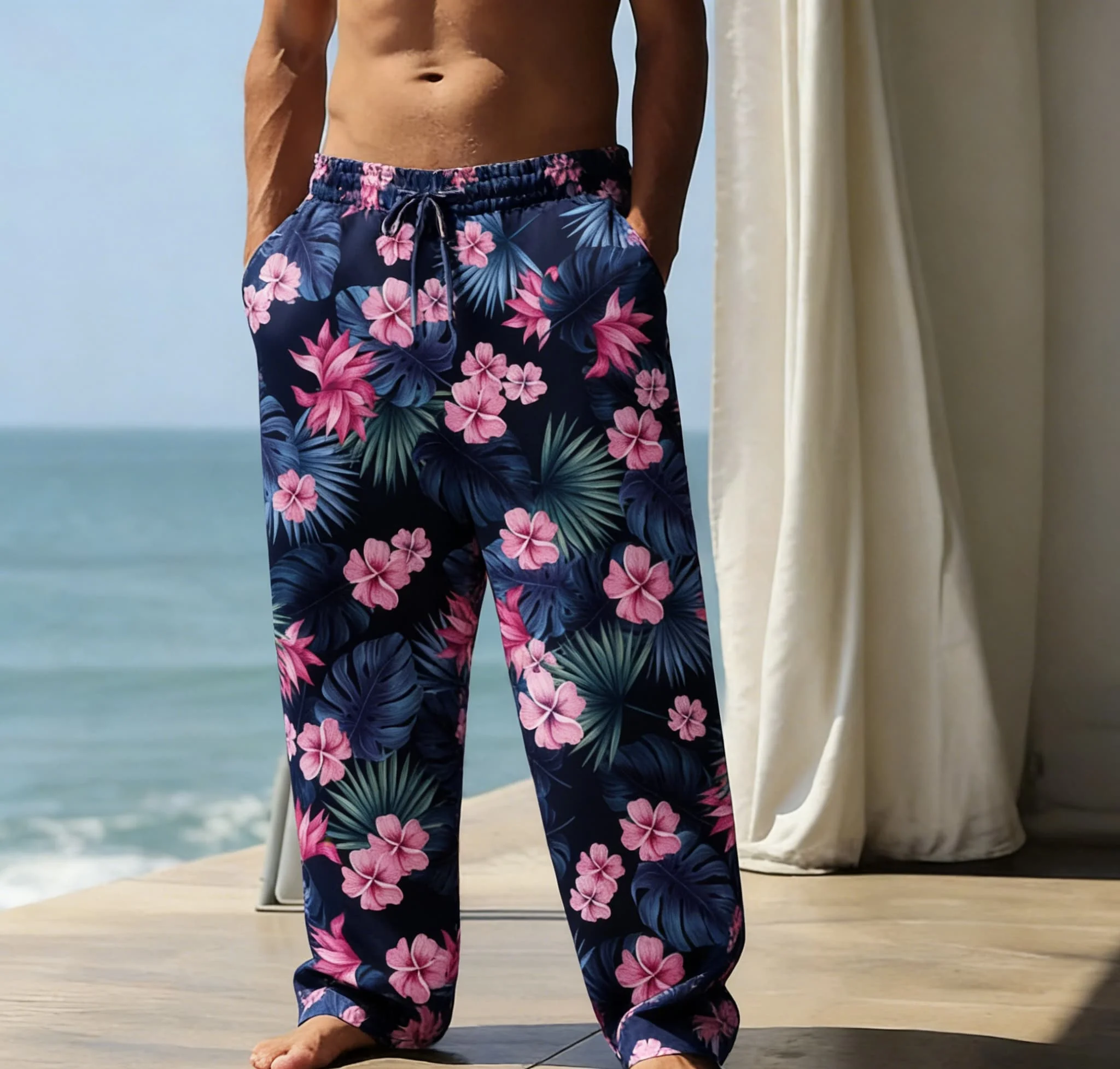 Men's Summer Thin Casual Versatile Hawaiian Style Vacation Beach Wide-Leg Pants