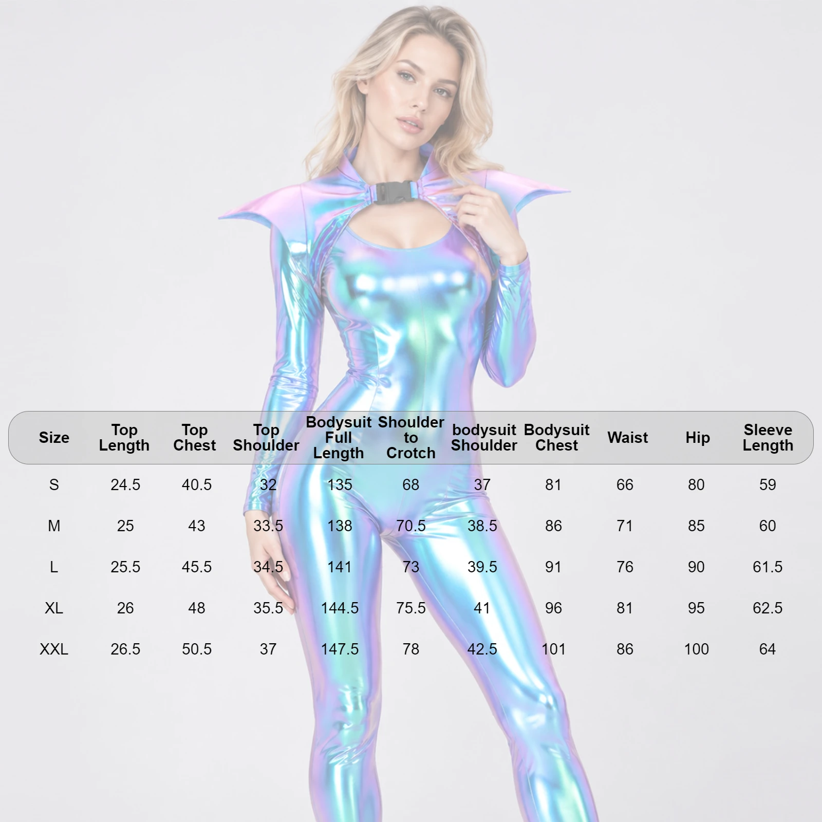 Womens Metallic Shiny Clubwear Jumpsuit Long Sleeve Full-body Romper Unitard with Pauldron Shoulder Armor for Halloween Party