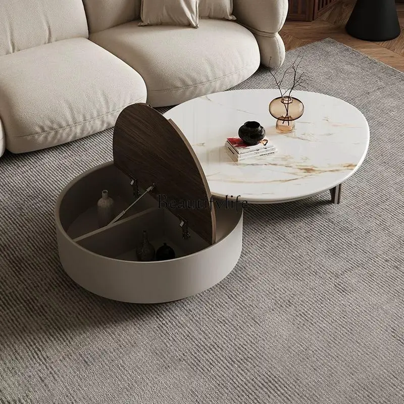 Cream style round coffee table living room modern simple rotatable slate round coffee table table for home use