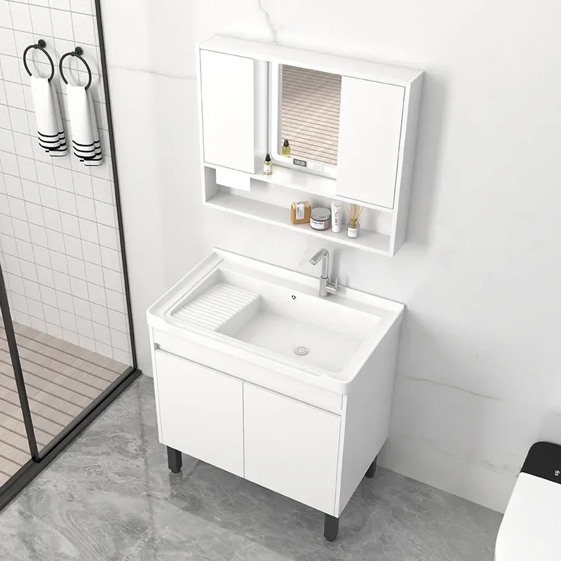For Bathroom Balcony Solid Wood Floor to Ceiling Cabinet Integrated Ceramic Basin with Rubbing Board Laundry Sink Storage