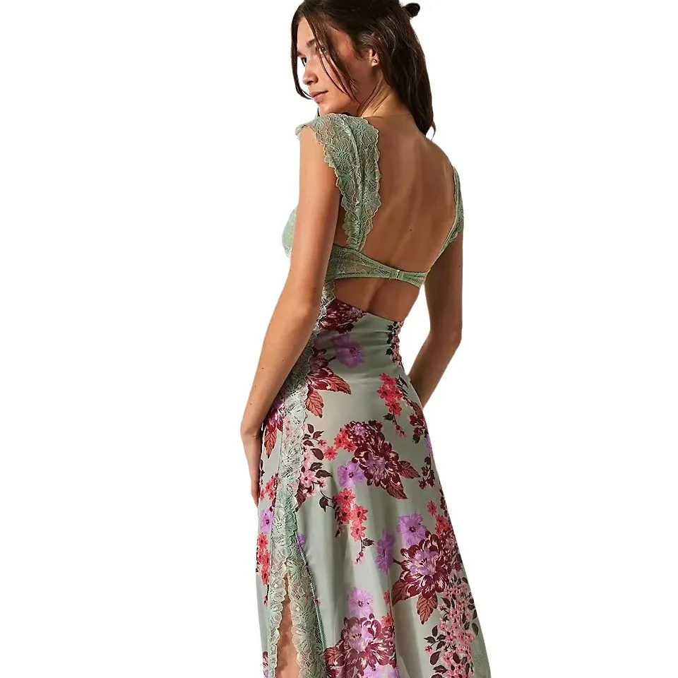 Robe longue en dentelle pour femmes, col en v, bretelles, fente d'épissure, dos nu, Patchwork, moulante, nouvelle collection été 2025