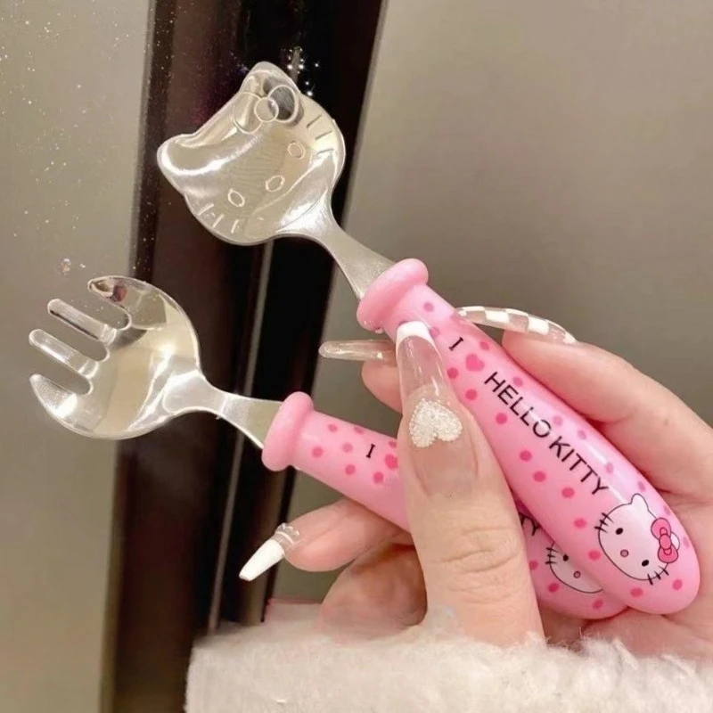 

KT Cat Spoon Fork Cartoon Cute Figure 304 Stainless Steel Tableware Set Student Portable Travel Box Lunch Children Dining Fruit