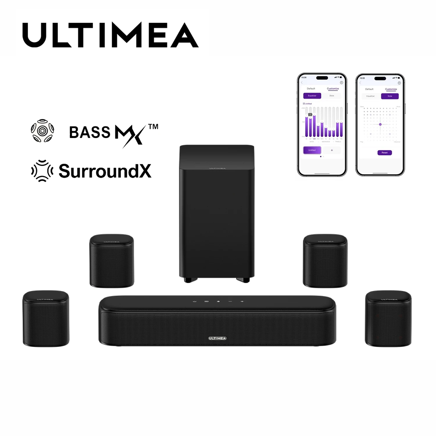 Barre de son surround virtuelle ULTIMEA 7.1 canaux pour téléviseur, système audio home cinéma 330 W avec caisson de basses, 4 enceintes surround, contrôle par application
