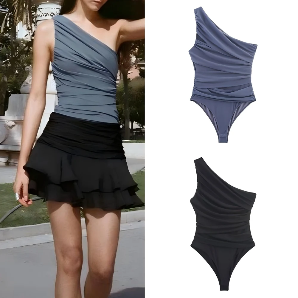 

Women's new fashion pleated decoration tight tulle asymmetrical jumpsuit retro sleeveless backless women's short jumpsuit