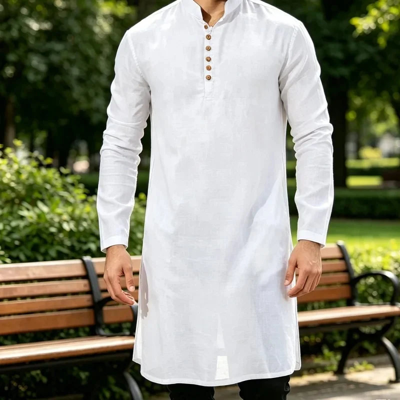 Men Cotton Linen Long Shirt Stand Collar Button Down Side Slits Casual Top for Summer Beach Vacation Daily Wear
