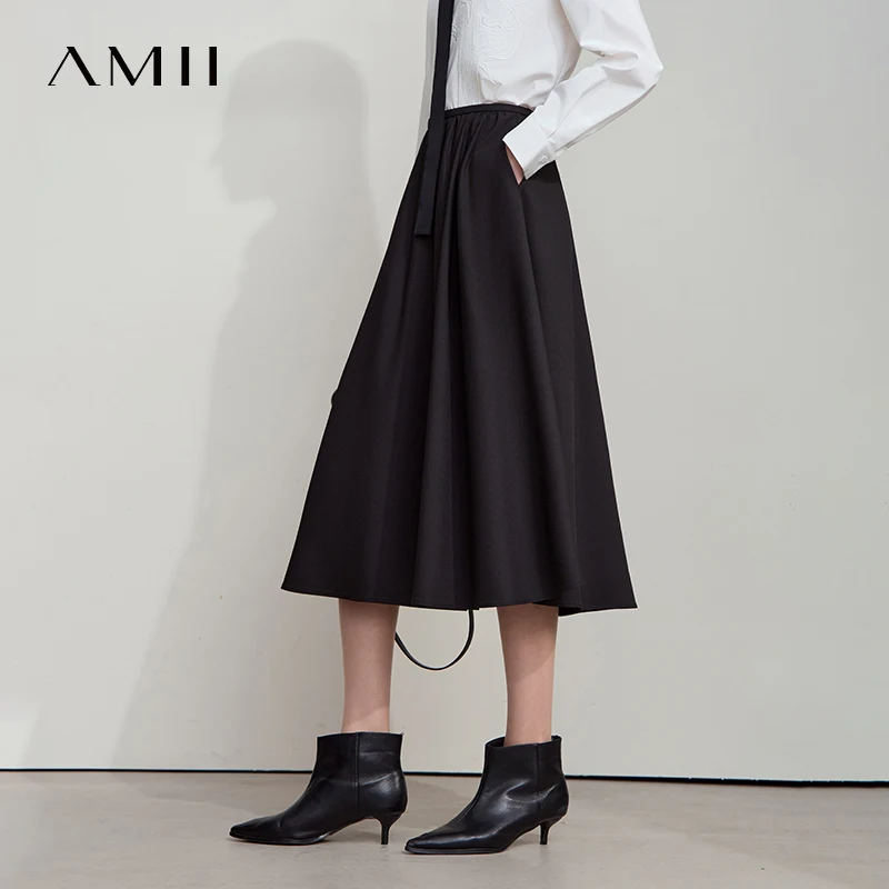 AMII 2025 New Office Lady A-line Skirt Loose Solid Casual Elastic Waist Simple Midi Gray Skirts Women's Bottoms Clothes 12543108