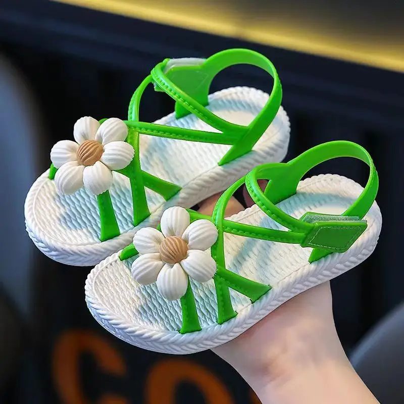 New Summer Children's One Word Hollow Out Princess Sandals  Girls Soft Sole Non Slip Lovely Flower Outdoor Beach Sandals