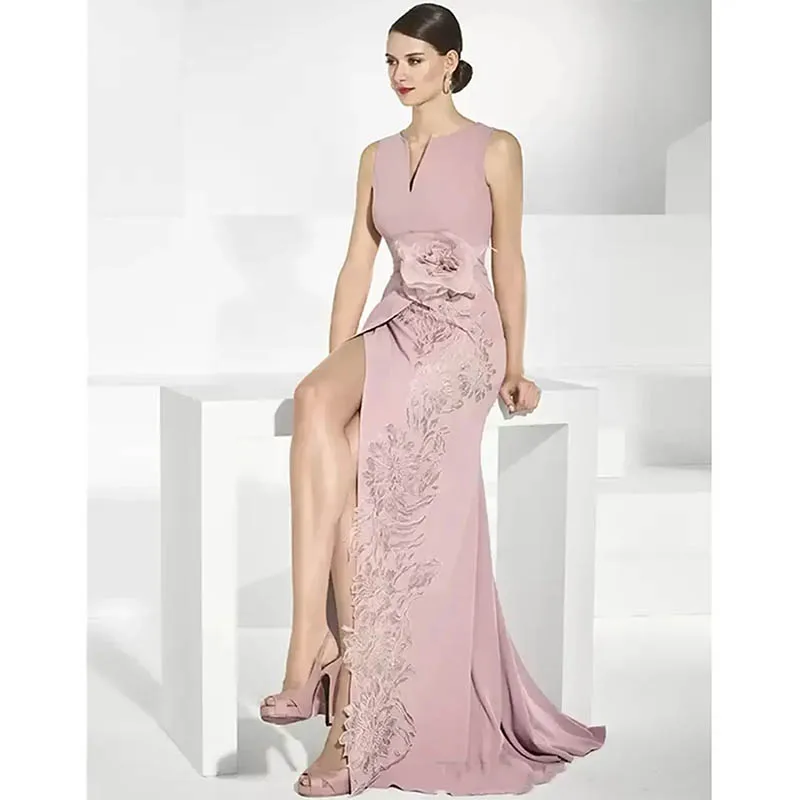 Vestido sereia rosa para a mãe da noiva, sem mangas, flor rendas applique, vestido do convidado do casamento, vestido de baile