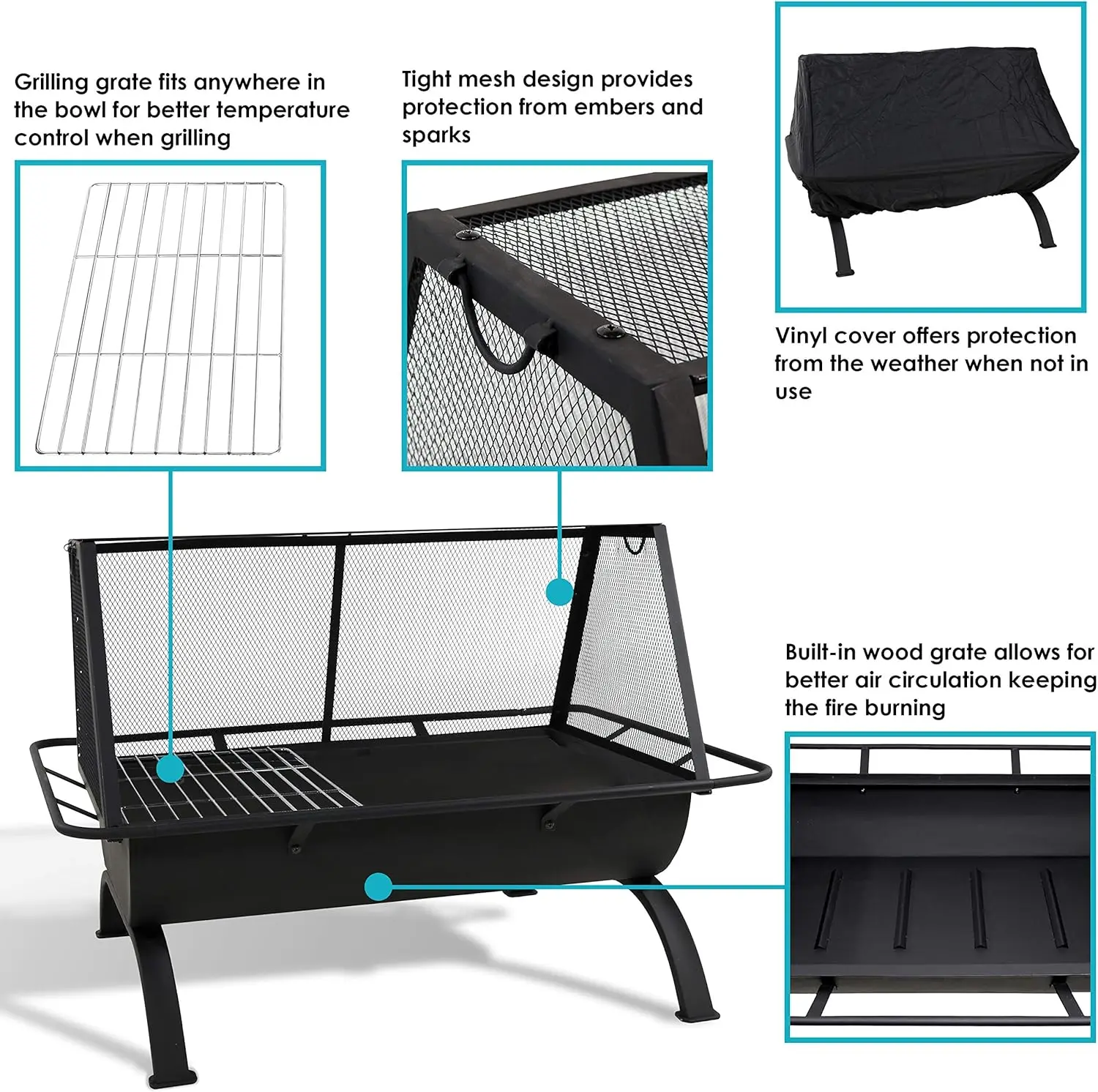 36-Inch Northland Steel Outdoor Fire Pit with Grill and Spark Screen - Vinyl Protective Cover - Black Finish