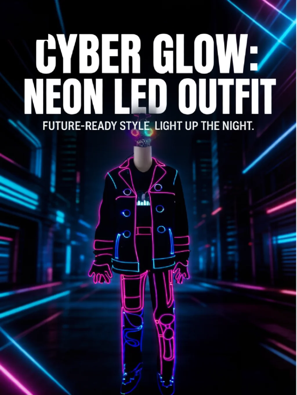 Unisex LED Neon Light-Up Cyberpunk Costume Suit with Glowing Jacket, Pants, Gloves, and Illuminated Face Mask Hat – Festival, Ra